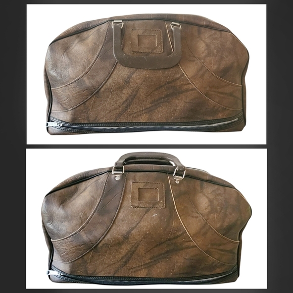 Vintage 1970s Brown Faux Leather Overnight Bag UK Made Weekend Travel Satchel - Picture 3 of 14